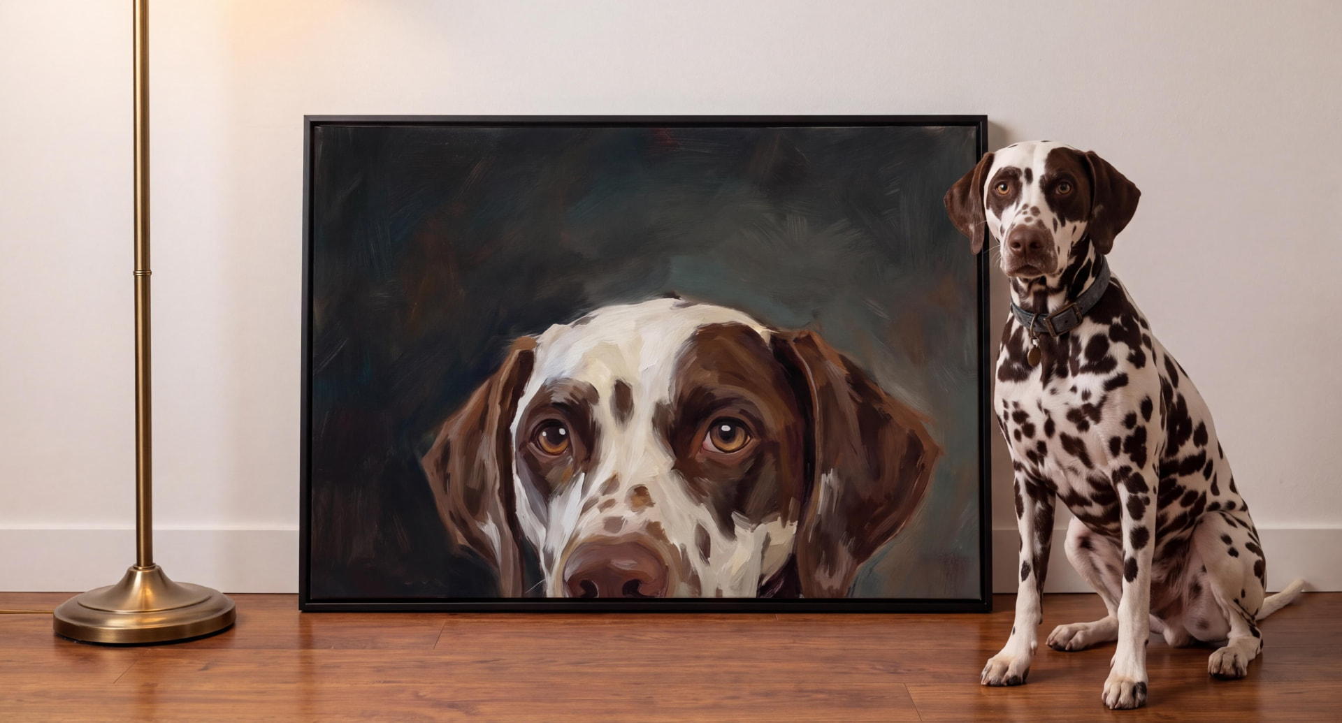 A dog sitting beside its framed oil portrait